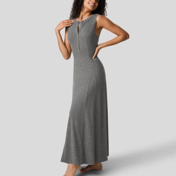 Halara Round Neck Button Sleeveless Flare Maxi Casual Dress Gray XL - Picture 3 of 12